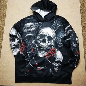 Gothic Men's Graphic Black Long Sleeve Relaxed Fit Skull Hoodie #4